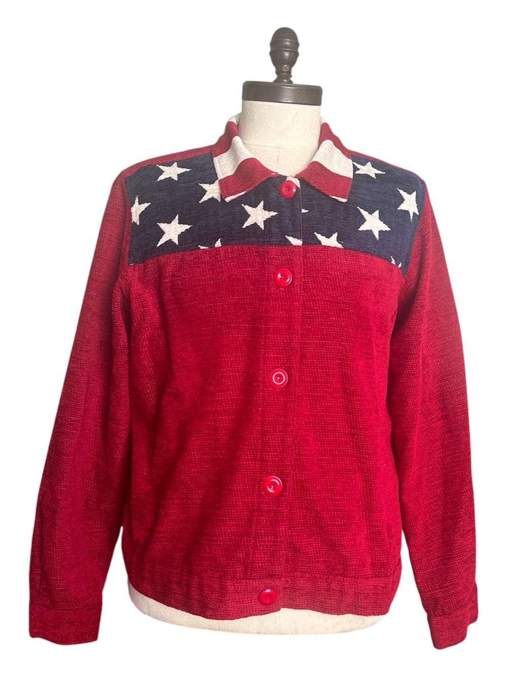 Coldwater Creek American Flag Jacket Button Up Holiday Hipster Red Blue SZ XL